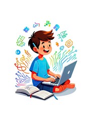 Young boy learning to code on a laptop with digital icons