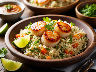 Delicious pan seared scallops with rice, lime, and cilantro served in a wooden bowl on a table