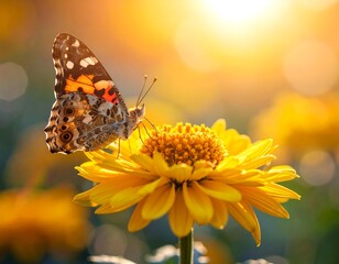 Obraz premium Butterfly on a Yellow Flower in Sunlight.