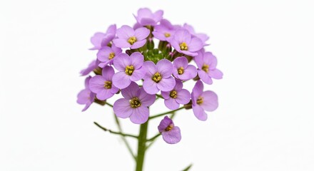 Close-up of delicate purple flowers with yellow centers on a white background.