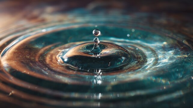Macro Photography of Water Drop Impact Creating Ripples and Reflections, Artistic Abstract.