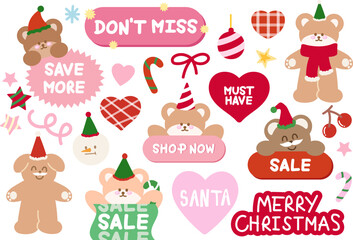 Cute Christmas sale icons such as don't miss, must have shop now, save more with teddy bear, puppy for online shopping, promotion, sticker, banner, special price, discount, button, campaign, ads, tags