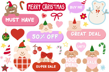 Cute Christmas sale icons such as must have, great deal, 50% off, super sale with teddy bear, puppy, cat for online shopping, promotion, sticker, banner, special price, discount, button, campaign, ads