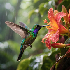 Fototapeta premium Hummingbird in rain: A vibrant hummingbird hovers near a blooming orange flower, with water droplets, in a display of vivid detail and graceful motion.
