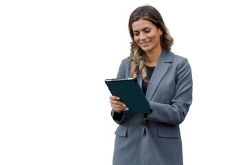 Businesswoman looking at a digital tablet, connecting to the internet and managing tasks. Transparent background