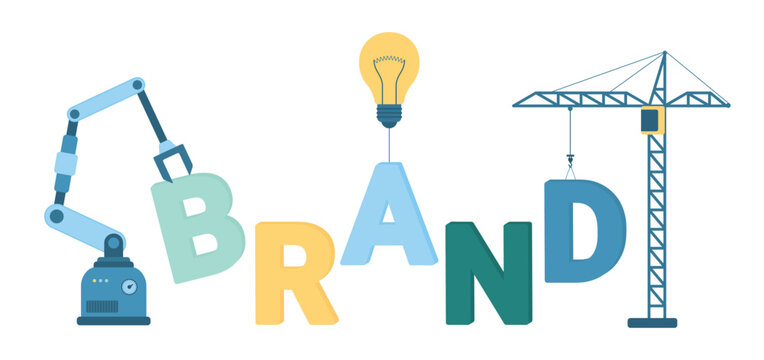 Automation in brand creation and development vector illustration. Cartoon isolated futuristic factory robot arm and construction crane build Brand word, create identity and commercial trends with AI