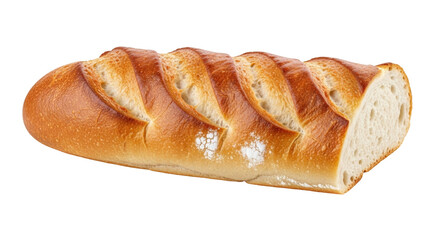 Isolated French baguette bread loaf with crusty golden brown top close-up studio shot