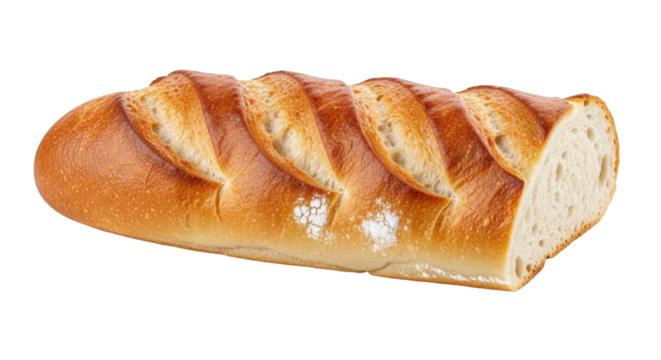 Isolated French baguette bread loaf with crusty golden brown top close-up studio shot