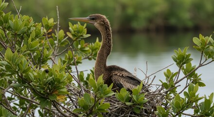 Wild anhinga bird drying wings by the water, also called snakebird, perfect for wetland, wildlife, and aquatic nature themes.