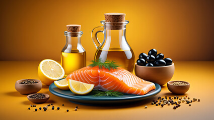 Fresh salmon fillet with lemon, olive oil, and spices on a plate, creating a culinary masterpiece