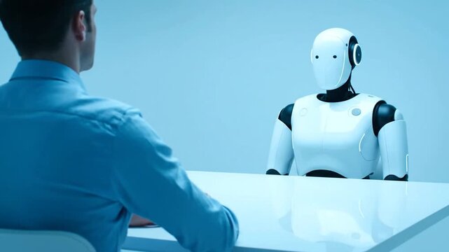Man in Blue Shirt Sits Across Shiny White Robot at Table in Light Blue Room