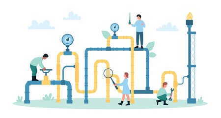 Fototapeta premium Natural liquefied gas pipeline inspection vector illustration. Cartoon tiny people control pipes system for connection and leaks, engineers of maintenance and repair service work with equipment