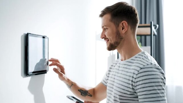 Man Touches Mounted Tablet Wearing Striped Shirt in White Interior
