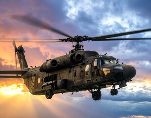 Powerful combat helicopter in motion against a vibrant, cloudy sky with sun rays.