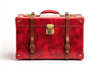 Red vintage suitcase against white background.  Leather, brass accents, travel, retro