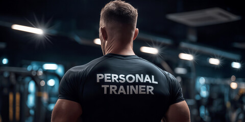 Extreme close-up of a muscular male personal trainer seen from behind in a modern dark gym, wearing a black shirt with PERSONAL TRAINER written in bold white letters. Generative Ai.