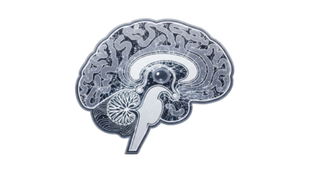 Detailed illustration of a human brain section, showcasing its complex internal structure and anatomical components on a white background.
