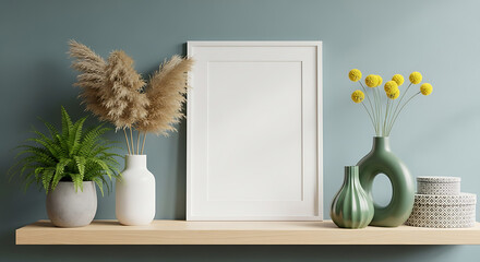Blank white frame mockup rests on a shelf with decorations, including pampas grass, fern, yellow craspedia, and patterned boxes, against a dark teal wall