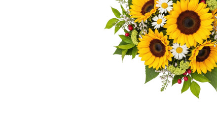 Isolated bunch of radiant sunflowers and white daisies for vibrant floral arrangements