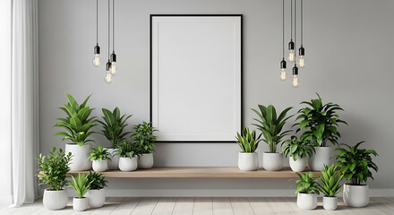 Blank framed poster on gray wall in room interior decorated with various houseplants on a shelf and pendant lights
