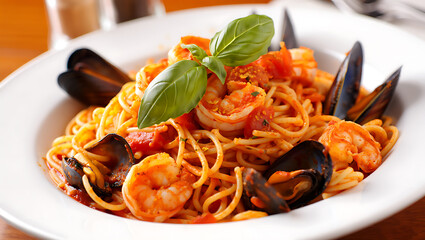 Delicious seafood pasta with shrimp, mussels, and tomato sauce served on a white plate