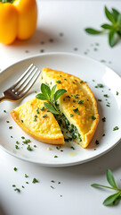 Savory omelet with spinach and herbs on a white plate, isolated on white background, with yellow bell pepper
