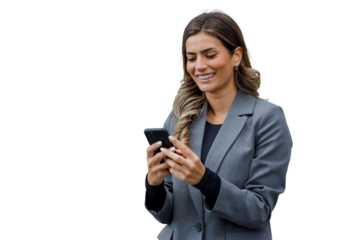 Young businesswoman smiling, wearing a business suit, looking at and using a mobile phone, texting, or scrolling