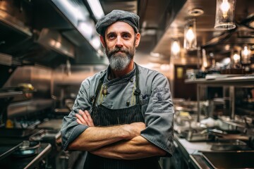 Obraz premium Professional Chef with Crossed Arms in Stainless Steel Kitchen