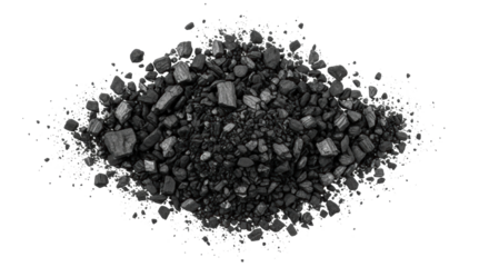 Isolated pile of jagged charcoal briquettes with varied sizes and scattered dust particles