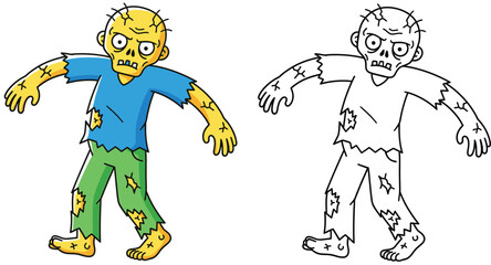 Cute Cartoon Zombie Walking with Tattered Clothes - Halloween Undead Character Illustration