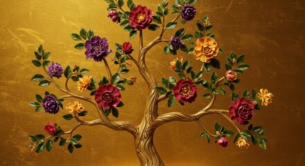 Golden floral tree with roses — elegant embossed mural for luxury decor