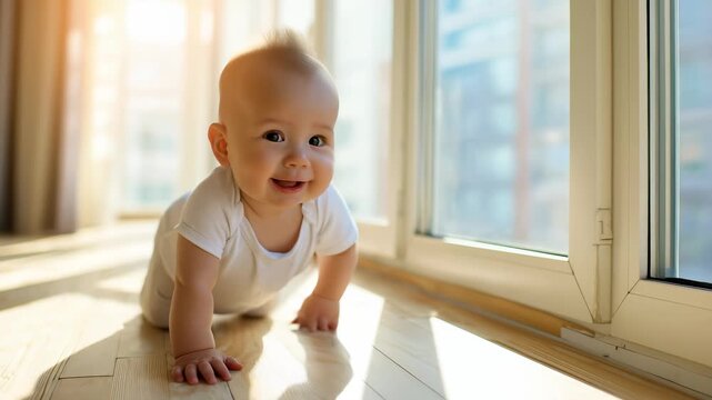 Energetic infant navigating wooden floor near sunlit window, wearing white onesie. Soft urban apartment lighting captures moment of developmental discovery and playful movement.