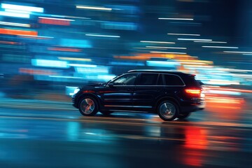SUV Speeding Night City Motion Blur Glowing Light Lines
