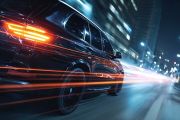 Dynamic Motion Blur SUV Night City Street Glowing Light Trails