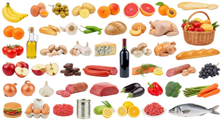 Isolated raw food variety including fresh produce, fruit, vegetables, meat, eggs, and bread