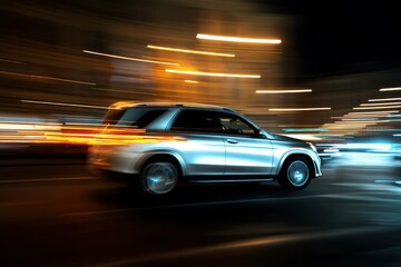 High Speed SUV Night City Streets Motion Blur Glowing Lines