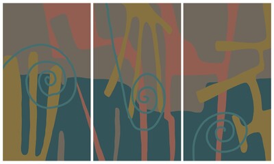 Minimal modern interior triptych. The picture is painted by hand on a tablet.