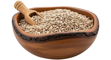 Isolated bowl filled with sunflower seeds, containing a wooden scoop for serving them