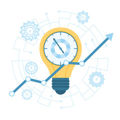 Digital ideas research, business growth planning and innovation vector illustration. Cartoon isolated electric light bulb with timer and arrow up inside conceptual circuit, creative financial project