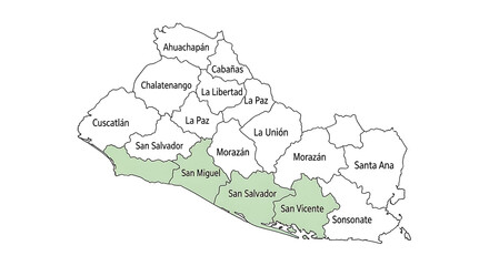 Obraz premium Detailed map of El Salvador highlighting the San Miguel region, showcasing its location and boundaries within the country, providing a clear geographical overview.
