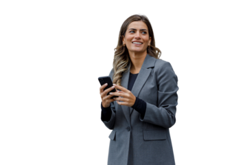 Businesswoman standing, looking up, holding smartphone, smiling, communicating, thinking about next business steps, transparent background