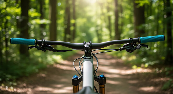Close-up of a mountain bike handlebar with blue grips, on a forest trail, offering a first-person perspective of a cycling adventure.