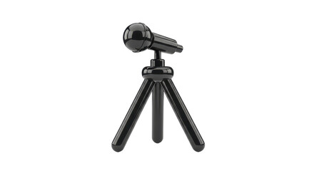 A black microphone on a small tripod stand, isolated on a white background.
