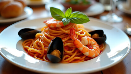 A delectable plate of spaghetti with shrimp, mussels, and basil, creating a seafood pasta masterpiece