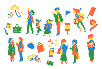 楽しく買い物をする冬服の人々