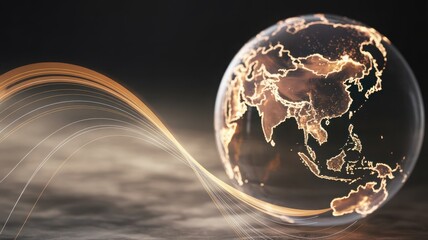 Abstract globe with glowing continents energy wave global connectivity concept