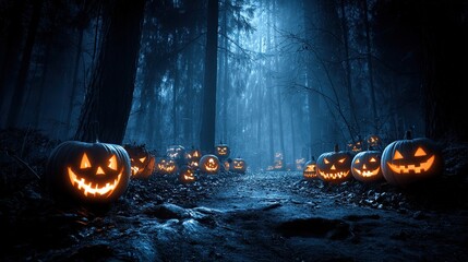 A dark night scene, with illuminated pumpkins in the background showing their carved faces and glowing eyes, perfect for Halloween celebrations.