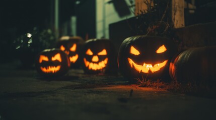 A dark night scene, with illuminated pumpkins in the background showing their carved faces and glowing eyes, perfect for Halloween celebrations.