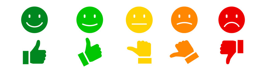 Smiley faces and thumbs feedback rating scale icons vector set on transparent background