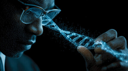 Man with glasses examining a glowing digital dna strand.